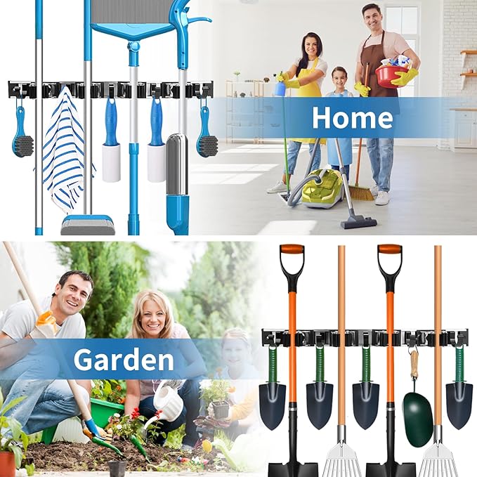 Piyl Broom Mop Holder Wall Mount Broom Hanger Wall Mounted Metal Organization Garage Storage Garden Kitchen Tool Organizer With 4 Racks and 5 Hooks (Silver, 1 Pack 4R5H)-NeatNest