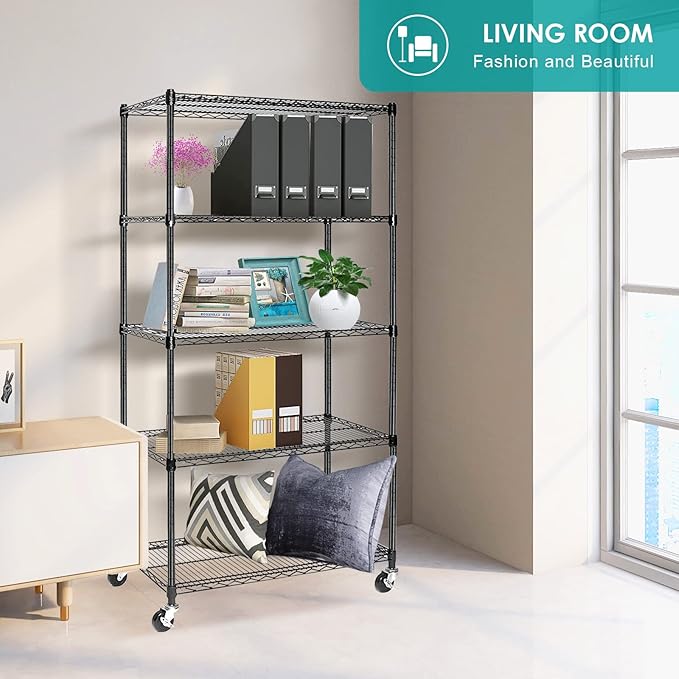 5 Tier Wire Shelving Unit, Adjustable Metal Storage Rack, Mobile Wire Shelves for Kitchen, Laundry, Bathroom, Pantry, Closet Organization (17.7" D x 35.5" W x 71" H, Black)