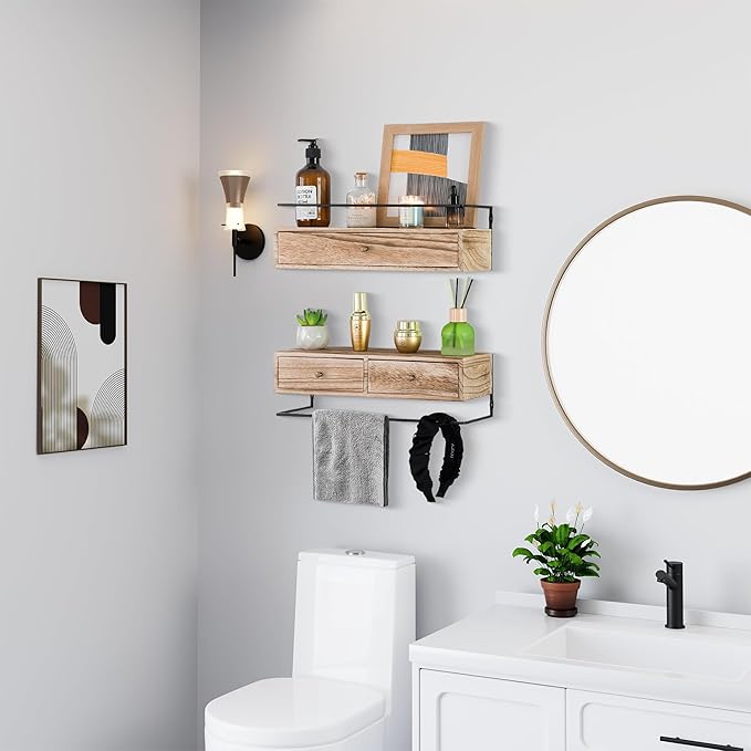 Floating Shelves for Wall Storage, Wall Mounted Bathroom Shelf with Drawers Set of 2, Rustic Wood Wall Shelves for Bedroom, Living Room, Kitchen, Home Decor, Plants, Books-NeatNest