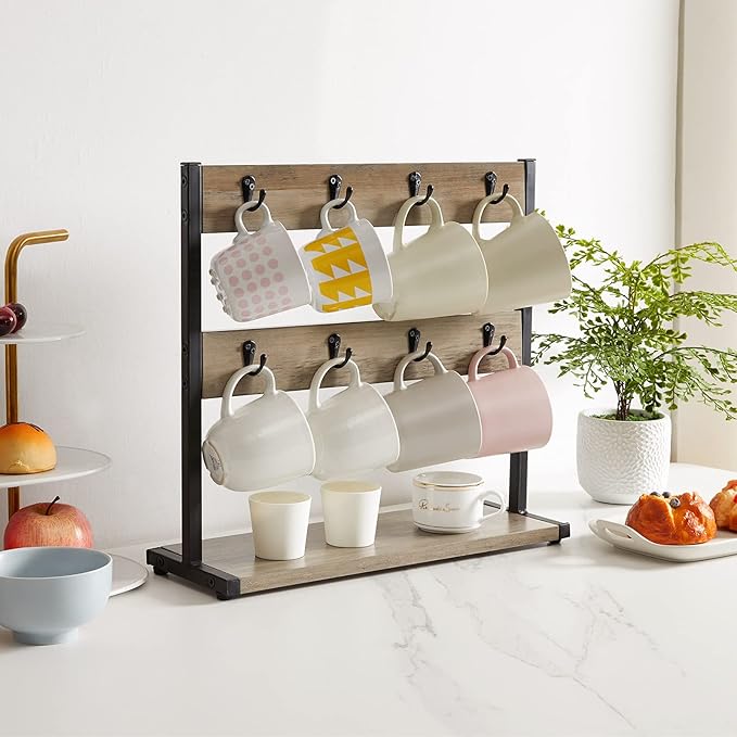 IBUYKE Wood Coffee Mug Holder for Countertop,16 Hook Mug Tree Holder Rack with Storage Base,Mug Display Organizer,Mug Holders for Home Kitchen,Greige UTBJ001Y-NeatNest