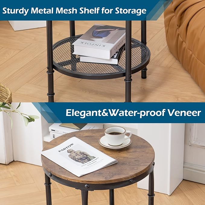 VINGLI 20" Side Table, Round End Tables Living Room, Industrial Small End Table with Metal Mesh, Rustic Farmhouse Side Tables for Bedroom, Office, Corner, Walnut