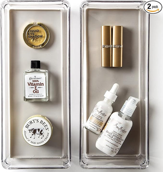 BINO | Oblong Plastic Drawer Organizer Bins, Light Grey- 2 Pack | THE ARTISAN+ | Multi-Use Organizer Bins | Soft-Grip Lining and Non-Slip Rubber Feet | Desk Drawer Organizer | Clear Vanity Organizer-NeatNest