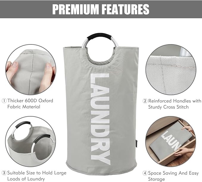 DOKEHOM 125L X-Large Collapsible Washing Laundry Basket Bag (7 Colors) for Bedroom, Fabric (Grey, XL)-NeatNest