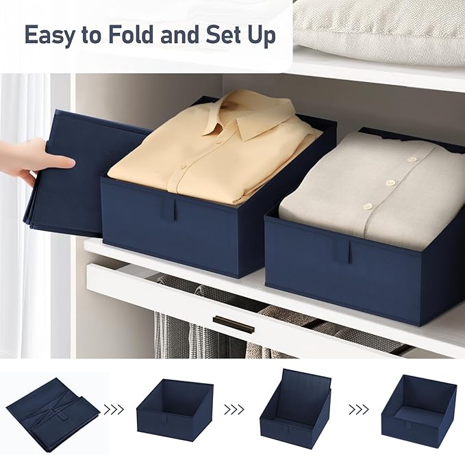 DIMJ Closet Storage Bins 8 Pack - Fabric Trapezoid Organizer Bin, Foldable Storage Baskets for Shelves, Closet Shelf Organizer, Clothing Storage Box for Toys, Books, Towel, Clothes,Navy Blue-NeatNest