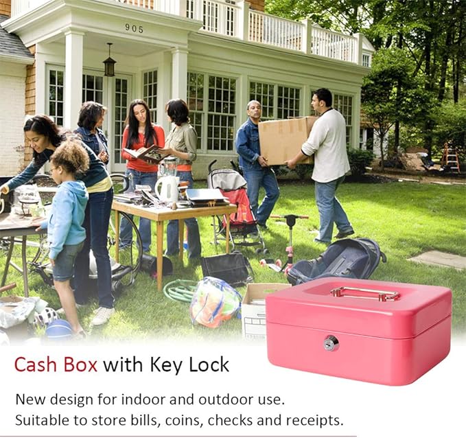 Decaller Cash Box with Money Tray, Metal Locking Money Box with Key Lock for Security, 7 4/5" x 6 4/5" x 3 3/5", Pink-NeatNest