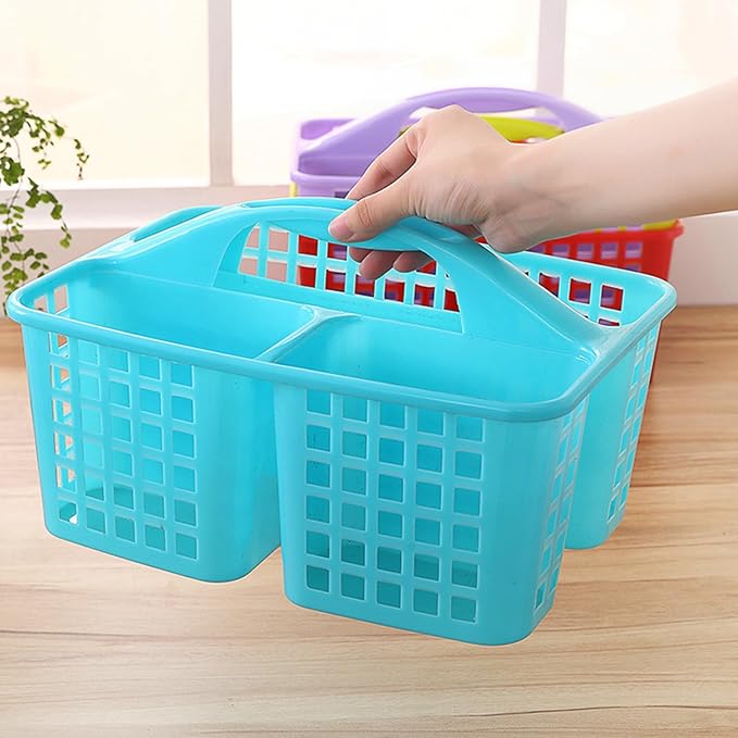 Haundry Plastic Shower Caddy Basket with 3 Compartments, Portable Divided Cleaning Supply Storage Organizer with Handle (Blue)-NeatNest