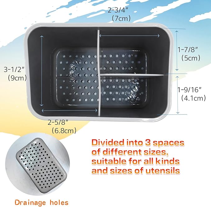 Kitchen Dish Brush Holder, Utensil Drying Caddy, Scrubber/Bottle Brush/Sponge Holder, Kitchen Sink Counter Organizer with Removable Drain Tray, Plastic (Gray and White)-NeatNest