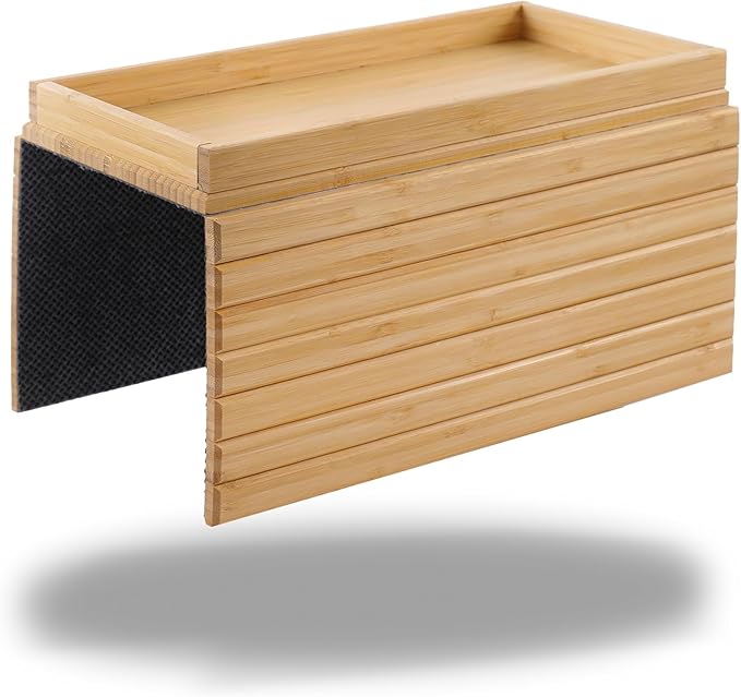 DETOR Couch Arm Tray, Foldable Sofa TV Tray with Capacious 12.4" x 5.4" Storage Box, Natural Bamboo Finish, Enhanced Nonslip Felt Bottom, Sturdy Bamboo Slats Material | for Armrests 6" and Wider-NeatNest