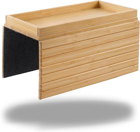 DETOR Couch Arm Tray, Foldable Sofa TV Tray with Capacious 12.4" x 5.4" Storage Box, Natural Bamboo Finish, Enhanced Nonslip Felt Bottom, Sturdy Bamboo Slats Material | for Armrests 6" and Wider-NeatNest