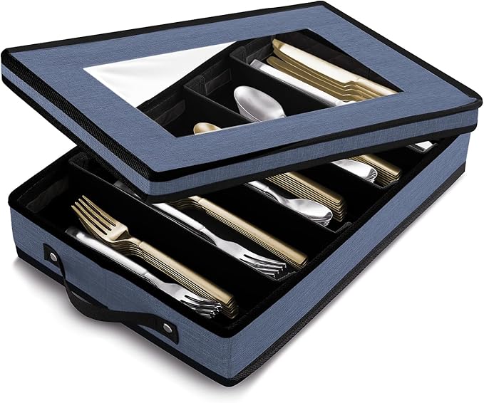 Flatware & Utensil Storage, Durable Silverware Storage Box with Padded Dividers, 5 Compartment Flatware Storage Case, Silverware Case with Handles, Protects and Organizes Cutlery, Blue-NeatNest