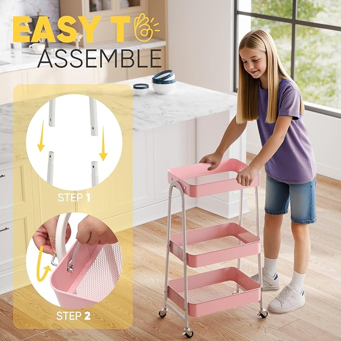 Sekey 3 Tier Rolling Cart Metal, Easy Install Utility Cart on Wheels, Hanging Cups & Hooks, Heavy Duty Storage Cart with Lockable Wheels for Baby Nursery, Bathroom, Kitchen, Laundry Room, Pink