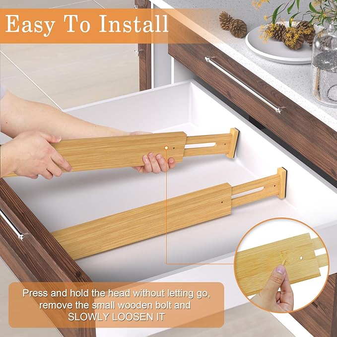 Bamboo Drawer Dividers,17-22" Adjustable Kitchen Drawer Organizer for Clothes,6 Pack Expandable Drawer Organization Separators for Bedroom,Bathroom,Dresser and Office,Natural-NeatNest