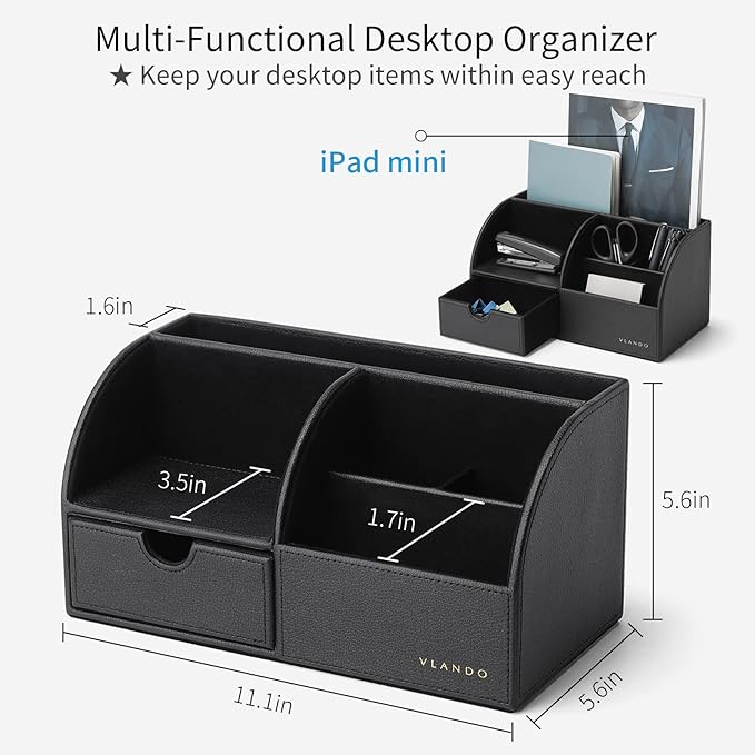 Vlando Office Supplies Desk Organizer Caddy, Desktop Hanging File Letter Document Storage Holder with Drawer Organizer Section for Office Home (Black)-NeatNest