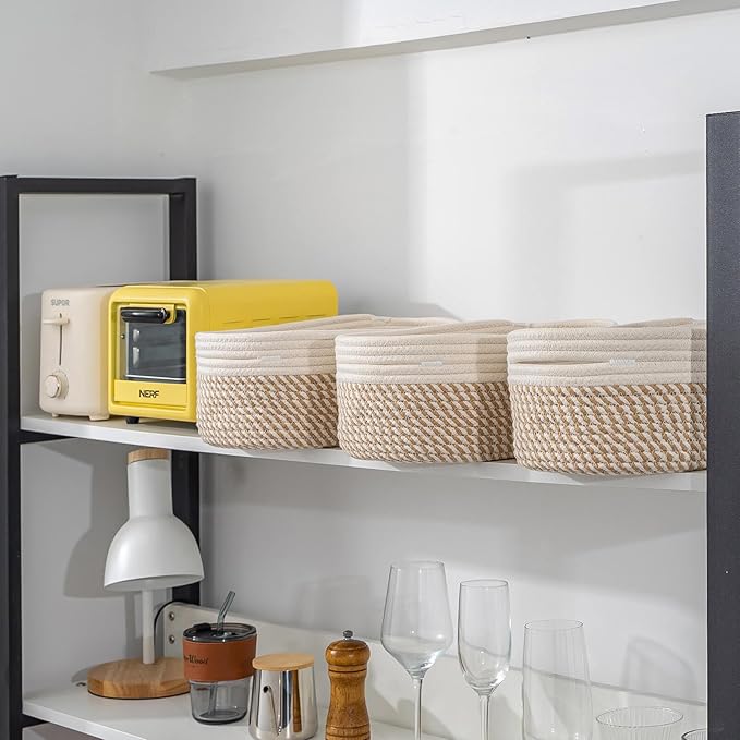 CubesLand Small Storage Baskets for Shelves, Closet Organization Bins Empty Gift Basket 2 Packs Baby Nursery Woven Organizing, Rectangular Clothes Shelves Off White/Mixed Camel-NeatNest