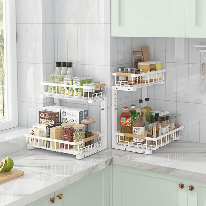 ADRIMER Under Sink Organizer 2 Packs, Pull Out Kitchen Sink Organizer, 2 Tier Slide Out Kitchen Organizers and Storage Bathroom Under Cabinet Storage Shelf, White-NeatNest
