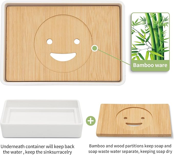 Bamboo Soap Dishes for Shower Wooden Soap Bar Holder for Bathroom Soap Tray Easy to Clean, Durable and with Non-Slip Pads(Two White Smiley Faces)-NeatNest