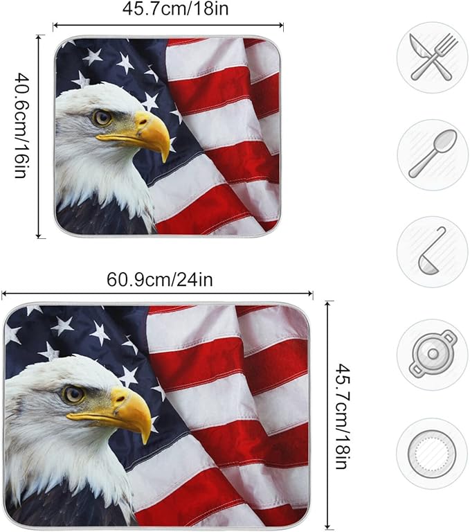 Absorbent Dish Drying Mat for Kitchen Counter - Flag Eagle American Microfiber Drying Pad, Reversible Drainer Mats for Countertop, Small 16" x 18"
