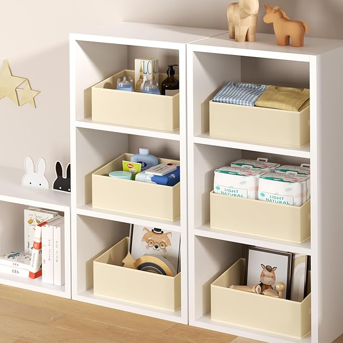 DIMJ Large Closet Storage Bins 8 Pack - Fabric Trapezoid Closet Organizer Bin, Foldable Storage Baskets for Shelves, Closet Shelf Organizer, Clothing Storage Box for Toys, Books, Towel, Clothes, Beige-NeatNest