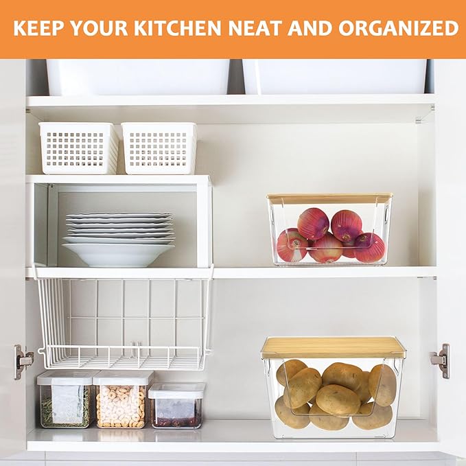 2 Set Pantry Organizer Storage, Stackable Kitchen Storage Bins with Lid & Handle, Clear Plastic Containers for Potato, Onion, Garlic, Fruit, Vegetable, Produce