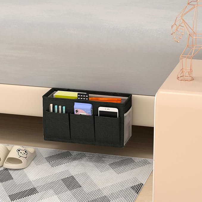 Dual-purpose Bedside Caddy Bedside Organizer, Bed Caddy with 6 Pockets, Versatile Bedside Storage Solution Magazine Remotes holder, ideal for Home, Dorm, Hospital, Crib Bed (Black)-NeatNest