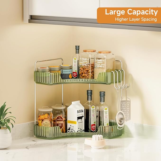 Makeup Organizer for Vanity 2 Tier Bathroom Organizers and Storage Countertop with Hooks Skin Care Exquisite Vanity Organizers Corner Bathroom Counter Storage-Green-NeatNest