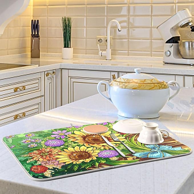 Absorbent Dish Drying Mat for Kitchen Counter - Sunflowers Microfiber Drying Pad, Reversible Drainer Mats for Countertop, Small 16" x 18"
