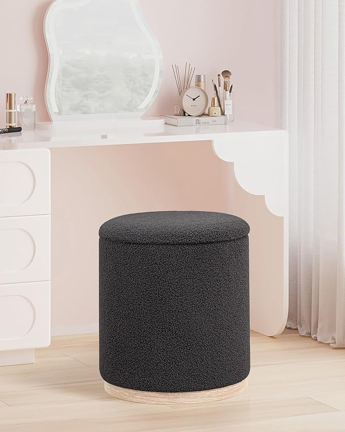 B FSOBEIIALEO Storage Ottoman Round Boucle Ottomans with Tray, Set of 2 Teddy Foot Rest Ottoman Cube with Storage for Living Room, Dark Grey 15"x15"x16.9"
