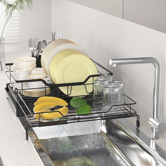 Expandable Dish Rack for Kitchen Counter:2 in 1 Large Dish Drying Rack with Cutlery Holder for Drying Plates Bowls Cups -Kitchen Drying Storage for Family of 3-4 Persons