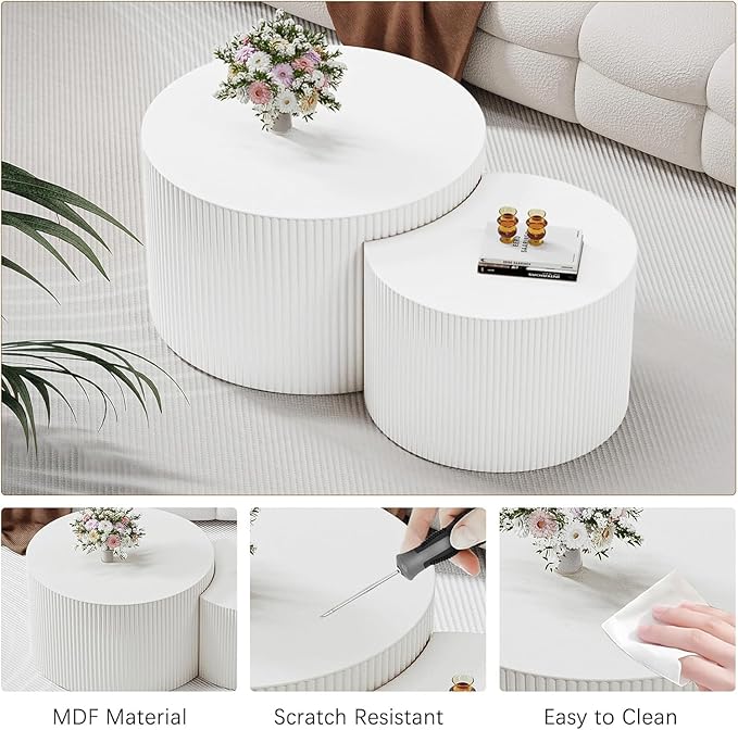 Round Wood Coffee Table Set of 2 Modern Circle Nesting Coffee Table Handcrafted Drum Nesting Table Nesting Coffee Tables for Living Room for Small Space (Cream (D18.9+D14.8 inch))