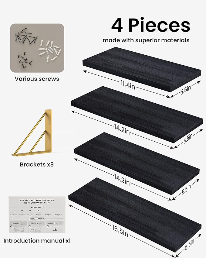 BAYKA Floating Shelves for Bedroom Decor, Wall Shelves for Storage, Wall Mounted Rustic Wood Floating Shelf for Books,Corner Shelf for Bathroom,Kitchen,Living Room(Black and Gold,Set of 4)-NeatNest