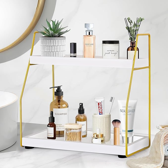 DWTS Bathroom Counter Organizer,Coffee Bar Accessories,2 Tier Bathroom Organizers and Storage Countertop Organizer,Ideal for Makeup Organizers,Perfume Organizers,VanityOrganizer(White/Gold)