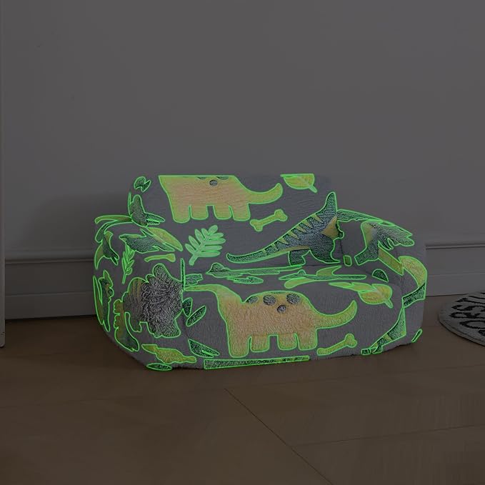 Foldable Kids Sofa Extra Wide for 2 Seats,Soft Kids Fold Out Couch Glow in The Dark,Convertible Sofa to Lounger Toddler Sofa Chair(Dinosaur)-NeatNest