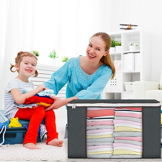 Budding Joy 90 L Large Storage Bags, 10 Pack Clothes Storage Bins Foldable Closet Organizers Storage Containers with Reinforced Handle for Clothing, Blanket, Comforters, Bed Sheets, Pillows (Gray)-NeatNest