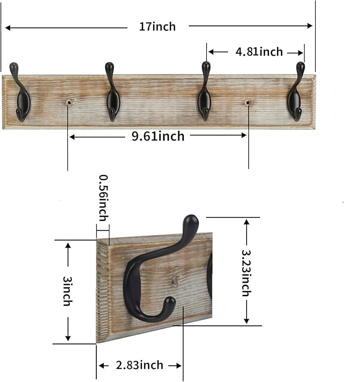 Coat Rack Wall Mounted, Entryway Wall Coat Rack with 4 Rustic Coat Hooks, 17” Vintage Pinewood Hanger Hat, Dual Hook for Hanging Keys Hats, Perfect for Entryway, Bathroom, Living Room