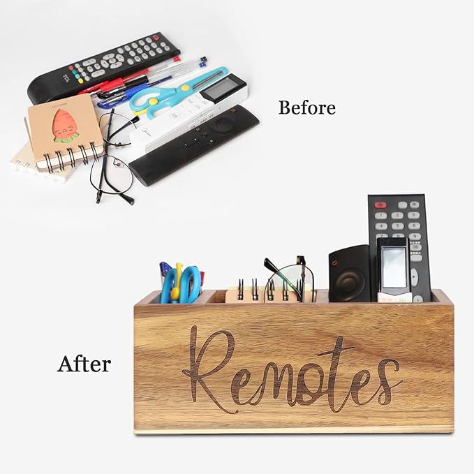 Acacia Wood TV Remote Holder, Caddy and Organizer for Table, Vintage Farmhouse Desk Caddy (Brown-for 5+ Remote Controls)-NeatNest