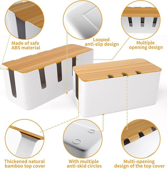 Cable Management Box-2 Pack Cable Organizer Box with 100PCS Cable Ties Set,Wood Lid,Cord Organizer for Desk,TV Wires,Computer USB Hub System to Cover and Hide & Power Strips & Cords for Home & Office-NeatNest
