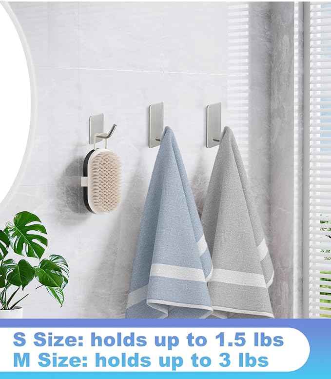 14 Pcs Towel Hooks with Removable Strips for Hanging, Adhesive Wall Hooks Heavy Duty, Outdoor No Damage, Sticky Hook for Bathrooms, Shower, Stockings, Decor, Robe, Small, Silver 304 Stainless Steel