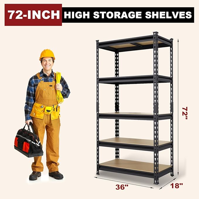 BIG RED 5 Tier Heavy Duty Garage Storage Shelving: Adjustable Metal Utility Shelving Rack for Garage, Basement, Pantry, Closet - 2,000lb Capacity (72"x36"x18") Black-NeatNest