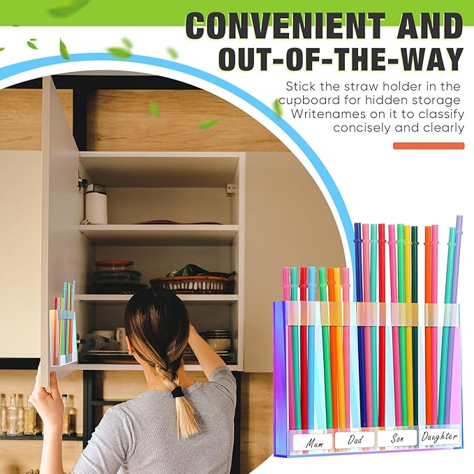 Acrylic Straw Holder for Cabinet Door with Double Sided Adhesive Tape Reusable Straw Organizer Tumbler Storage Kitchen Accessories Container for Counter Cupboard(Classic,Large,Iridescent)