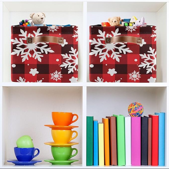 Black and White Checkered Snowflake Pattern Storage Basket,Large Storage Bin Fabric Collapsible Organizer Bag with Handles 15x11x9.5 inch-NeatNest