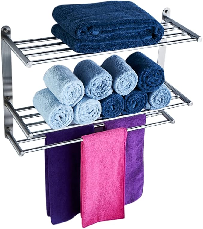 Bathroom Towel Rack with 24-Inch Multilayer Hotel Racks 304 Stainless Steel Towel Bar Shelf Wall-Mounted Brushed Finish Bar withTowel Shelves,3-Tier Bar Mounted
