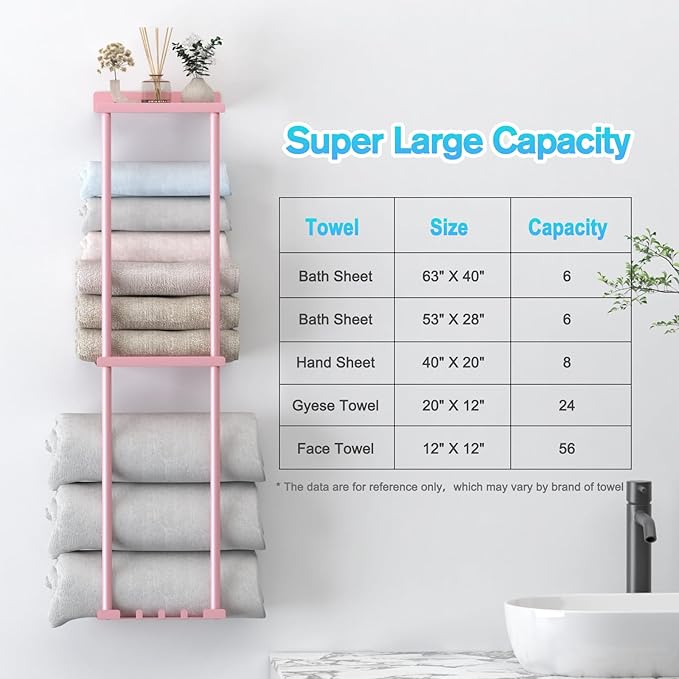 Towel Rack for Bathroom, Wall Mounted Vertical Rolled Towel Storage Organizer Holder with Shelf, Holds Up 6 Large Bath Sheets, Pink