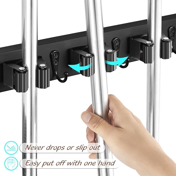 Black Mop Broom Holder Wall Mount with 4 Slots & 4 Hooks - Rustic Wood Broom Mop Hanger for Pantry Closet Laundry Room Organization - Heavy Duty Garden Tool Organizer - Black Kitchen Decor-NeatNest