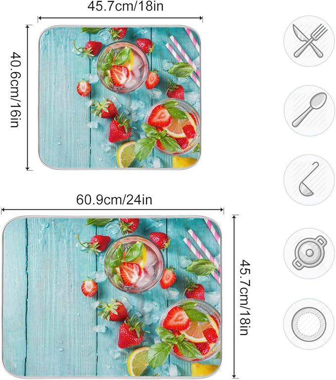 Absorbent Dish Drying Mat for Kitchen Counter - Strawberry Blue Wooden Microfiber Drying Pad, Reversible Drainer Mats for Countertop, Large 18" x 24"