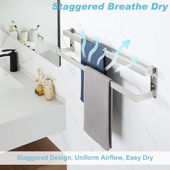 Alise Double Towel Bar 24", SUS304 Stainless Steel Towel Racks for Bathroom Wall Mounted, Heavy Duty Bathroom Towel Holder, Space Saving Towel Hanger, Polished Chrome