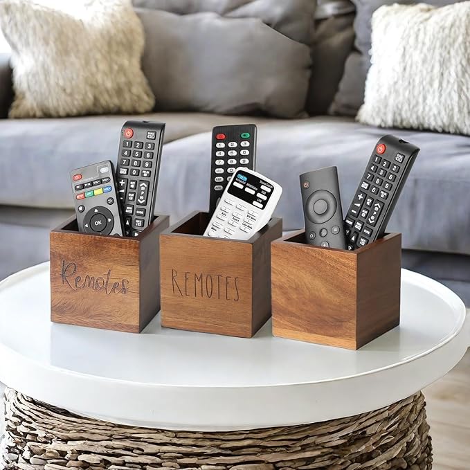 Acacia Wood TV Remote Holder, Caddy and Organizer for Table, Vintage Farmhouse Desk Caddy (Brown for 2 or 3 Remote Controls)-NeatNest