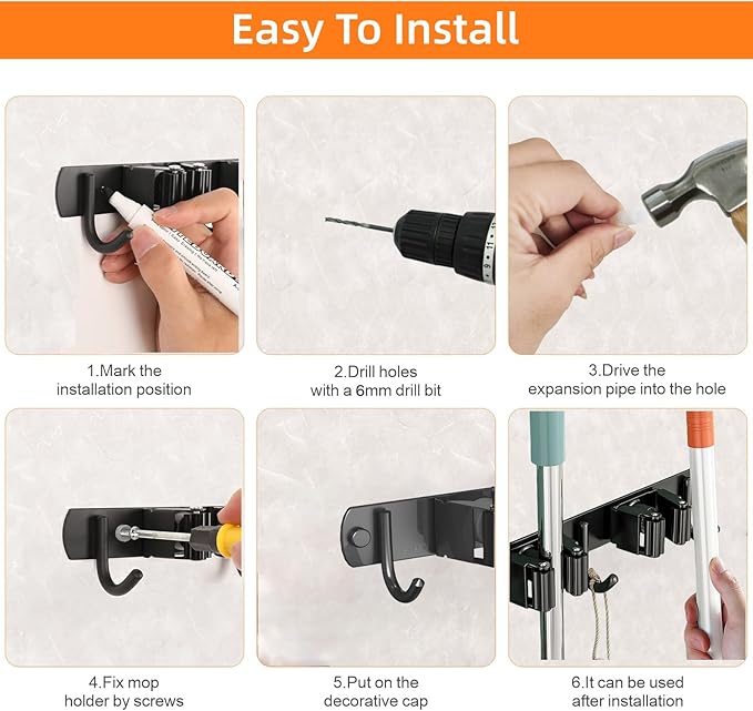 2 Pack Mop and Broom Holder Wall Mount, Non-slip Broom Hanger Wall Mount, Heavy Duty Mop Broom Organizer for Kitchen Garden Garage Laundry Room Wall Decor Organization and Storage Black 5R4H-NeatNest