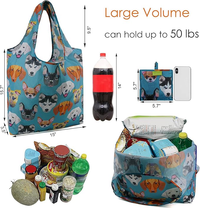 BeeGreen Shopping Bags Cloth Grocery Bags Foldable Travel Bag Tote Bags Bulk - Reusable Gift Bags with Handles (6 Pack) - Heavy Duty Large Washable Animal Holiday Design for Women Travel & Groceries-NeatNest