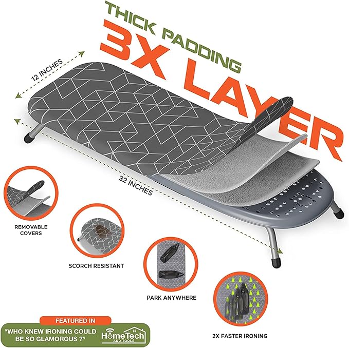 XABITAT Table Top Ironing Board with Wall Mount, D-Crease, Portable Space Saving Mini Laundry Room Iron Board, Foldable Small Ironing Board with Iron Holder, Gray