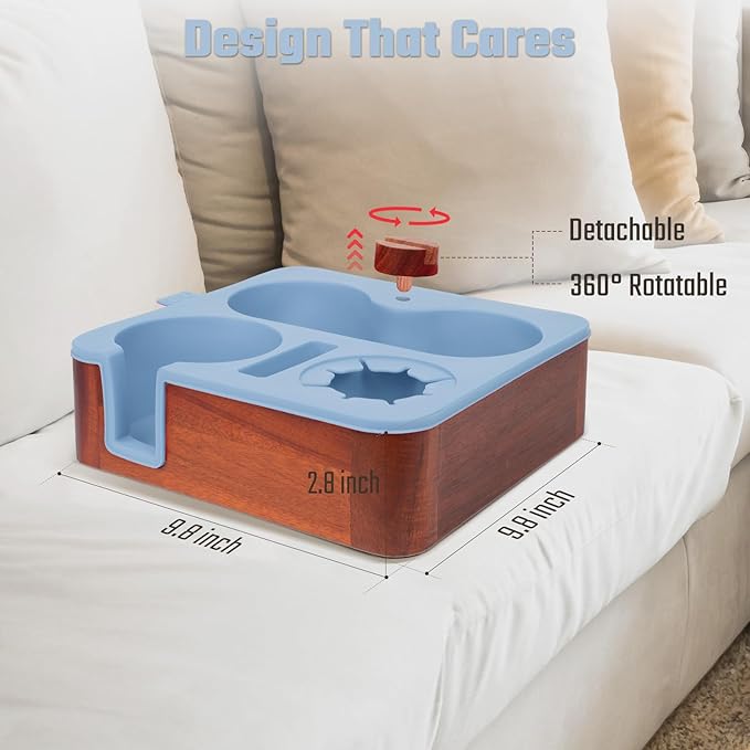 Couch Cup Holder Tray, Real Acacia Wooden Caddy with Soft Silicone, Snack and Drink Organizer- Perfect Movie Night Accessories for Bed, Remote and Cup Holders for Sofa (Blue)-NeatNest